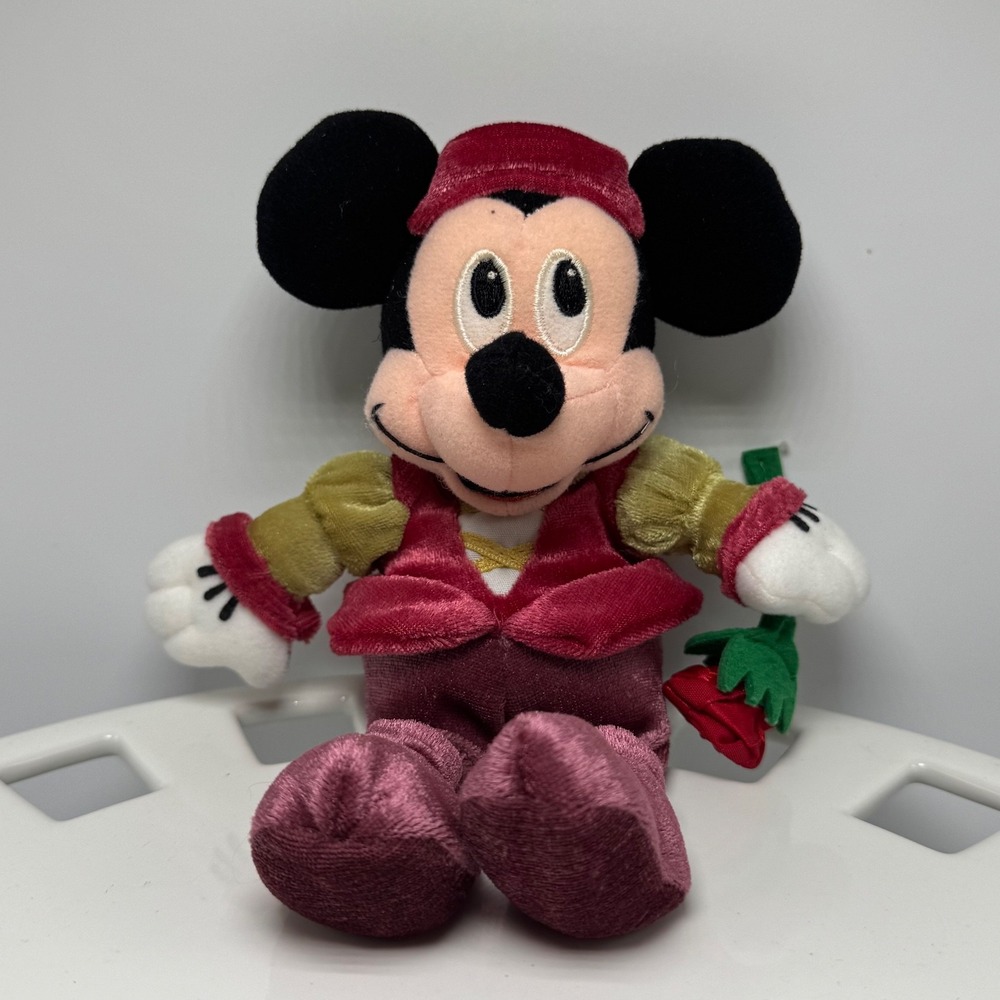 Vintage Disney Romeo‎ Mickey Mouse Bean Bag Plush 9" w/ Rose